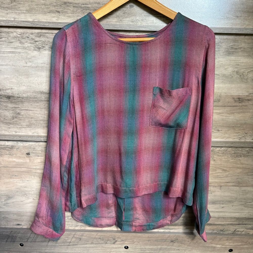 Cloth & Stone M Purple Teal Plaid Blouse Top Lace Up Back Preppy Retro Luxury